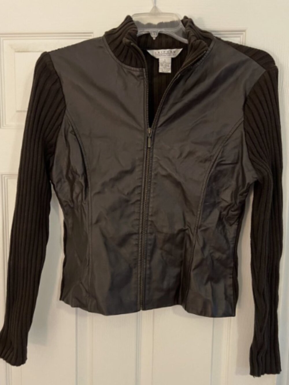 WOMENS UNIFORM JOHN PAUL RICHARD BROWN LEATHER FRONT SWEATER JACKET ZIP CLOSE L